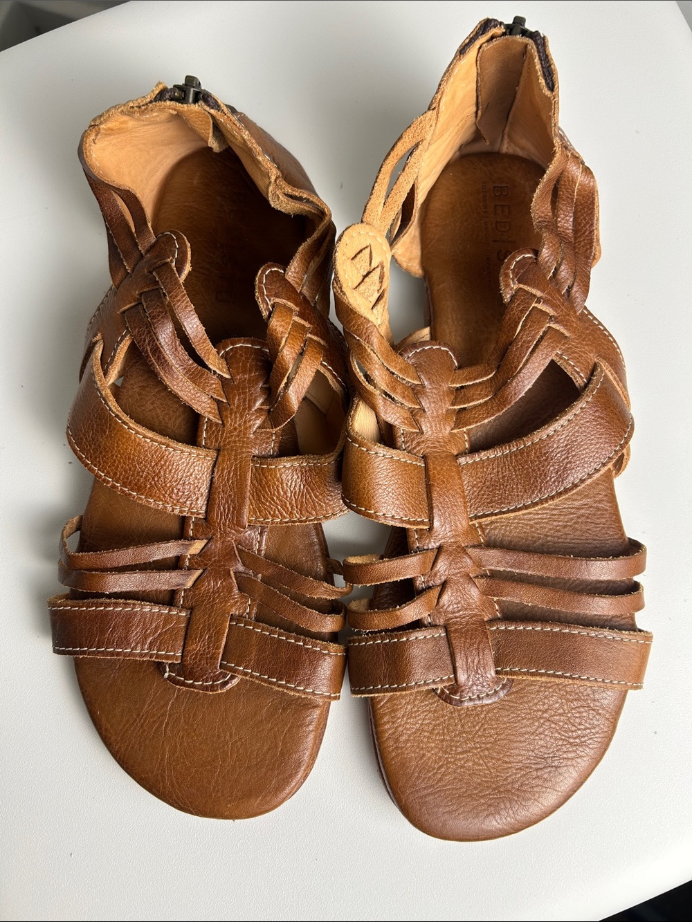 BED|STU Tan Brown Leather Woven Strappy Flat Sandals Women’s 9.5 Made in Mexico